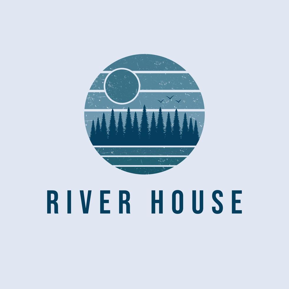 hand- getrokken Woud logo ontwerp. rivier- huis embleem. luxe echt landgoed logo. vector