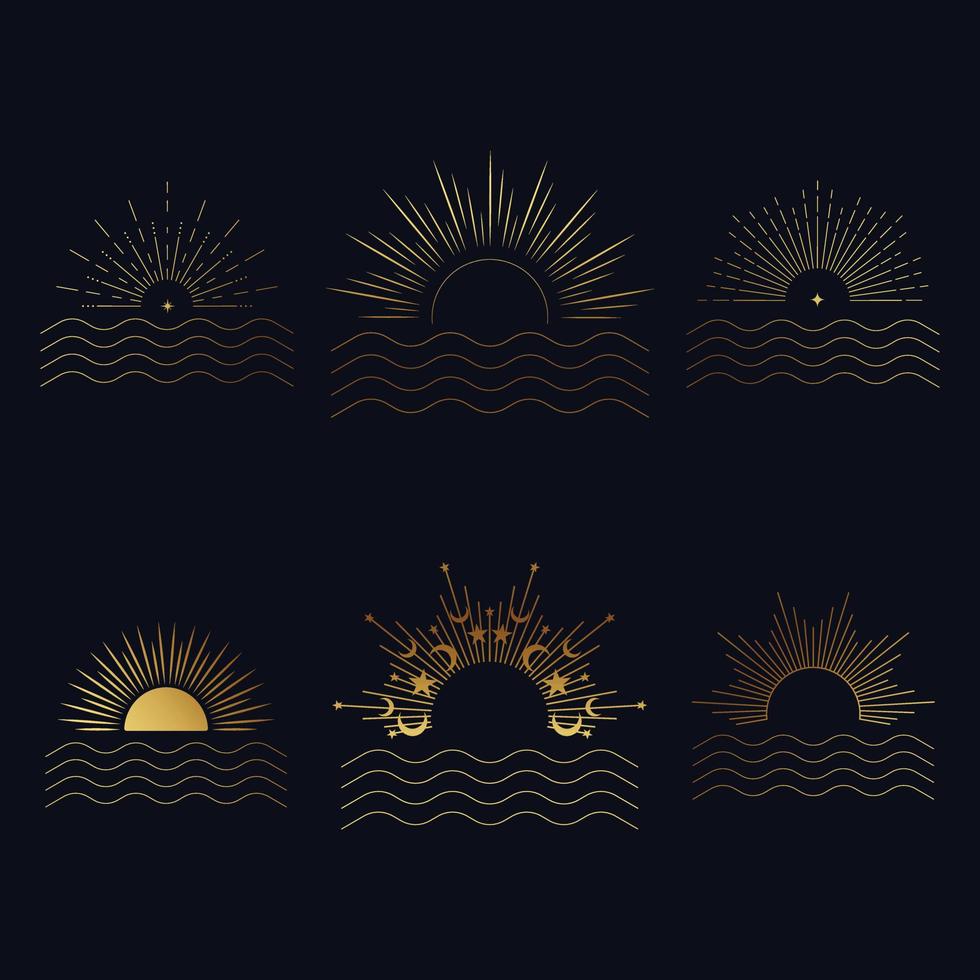 Boheems zonsondergang en oceaan golven vector pictogrammen set. vector reeks van lineair boho pictogrammen en symbolen. zon logo ontwerp Sjablonen. abstract ontwerp elementen voor sieraden inminimalistisch stijl voor sociaal media berichten