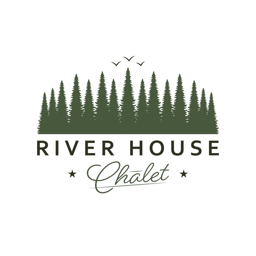 hand- getrokken Woud logo ontwerp. rivier- huis embleem. luxe echt landgoed logo. vector