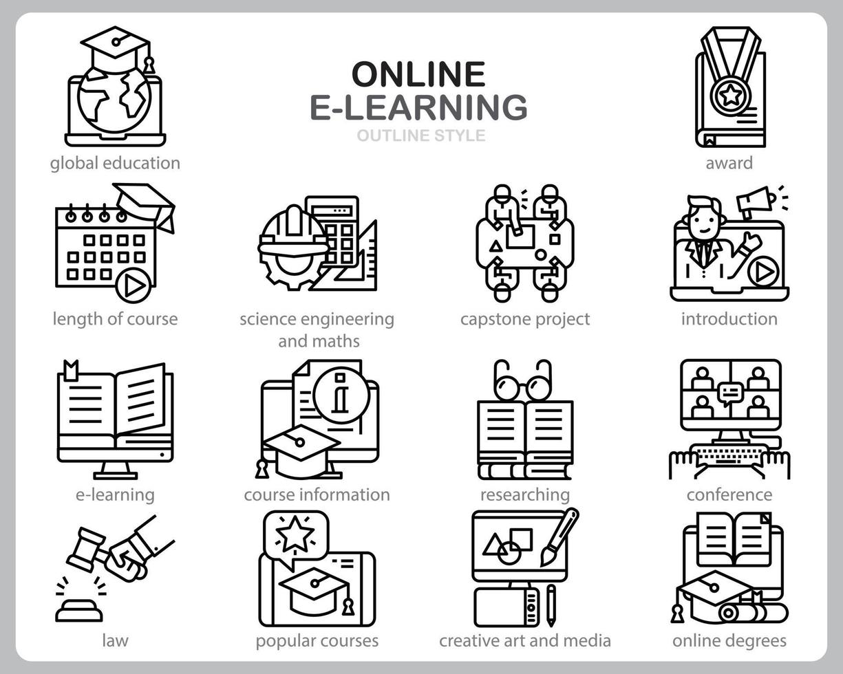 online leren pictogrammenset voor website, document, posterontwerp, afdrukken, toepassing. online cursus concept pictogram Kaderstijl. vector