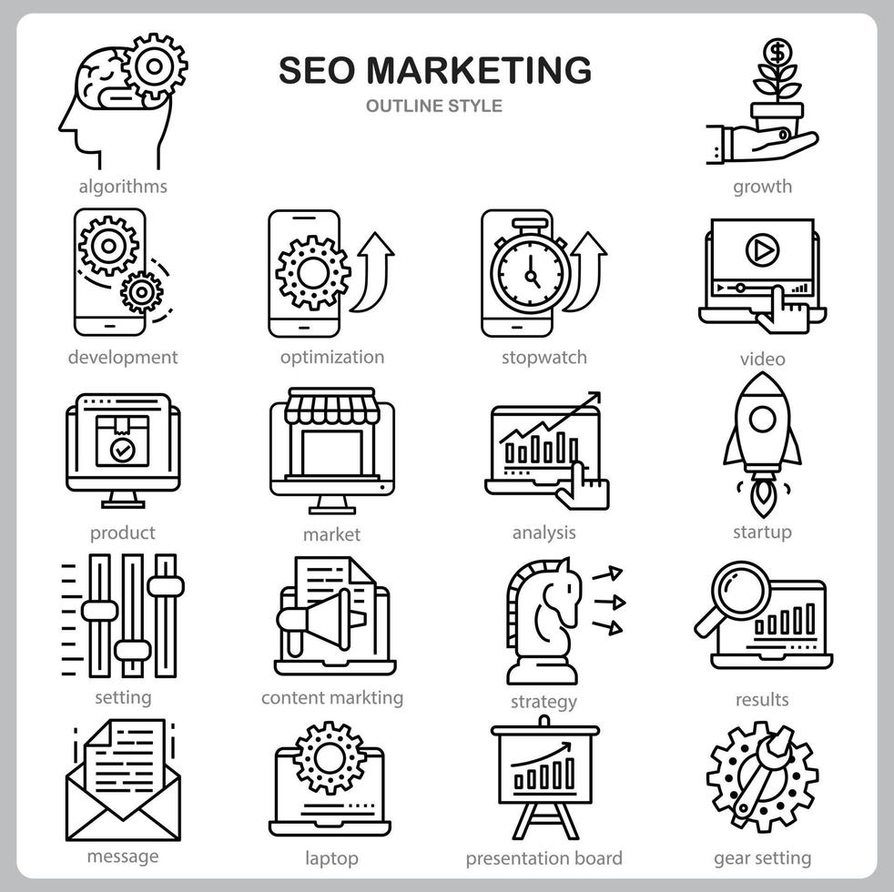 seo marketing icon set voor website, document, posterontwerp, afdrukken, applicatie. seo marketing concept pictogram Kaderstijl. vector