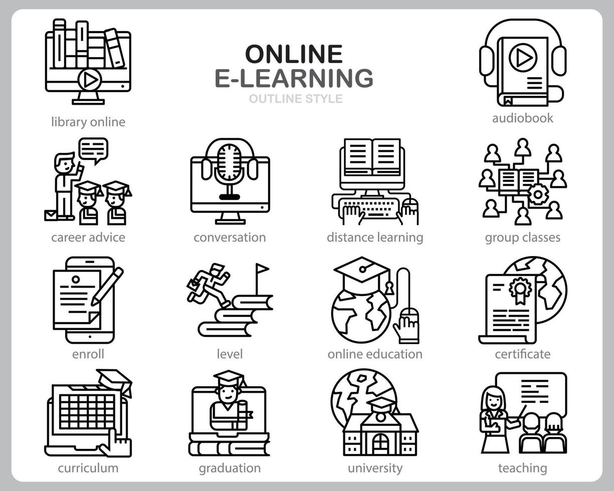 online leren pictogrammenset voor website, document, posterontwerp, afdrukken, toepassing. online cursus concept pictogram Kaderstijl. vector