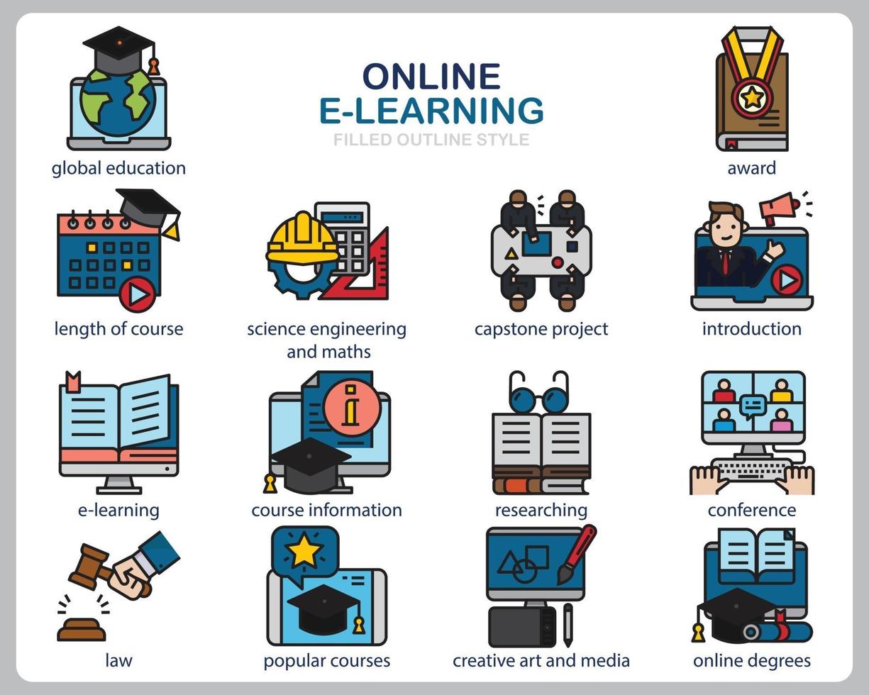 online leren pictogrammenset voor website, document, posterontwerp, afdrukken, toepassing. online cursus concept pictogram gevuld overzichtsstijl. vector