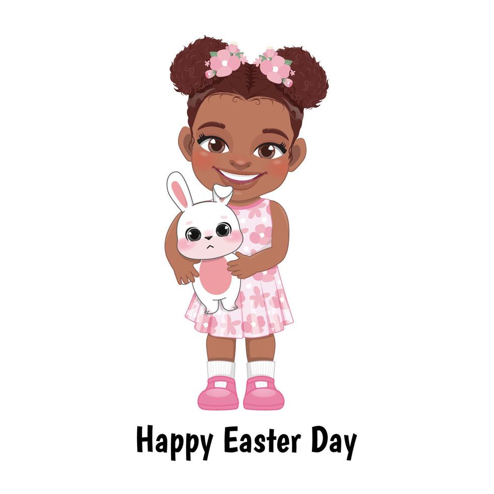 gelukkig Pasen dag met zwart meisje Holding konijn tekenfilm karakter vector