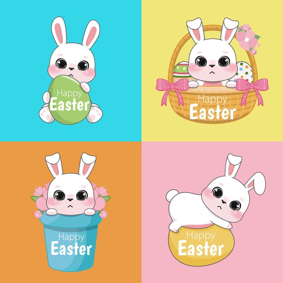 gelukkig Pasen dag kaart sjabloon met reeks van schattig konijnen. schattig konijn Holding Pasen eieren, zittend in Pasen eieren mand en zittend in voorjaar bloem pot tekenfilm tekens vector