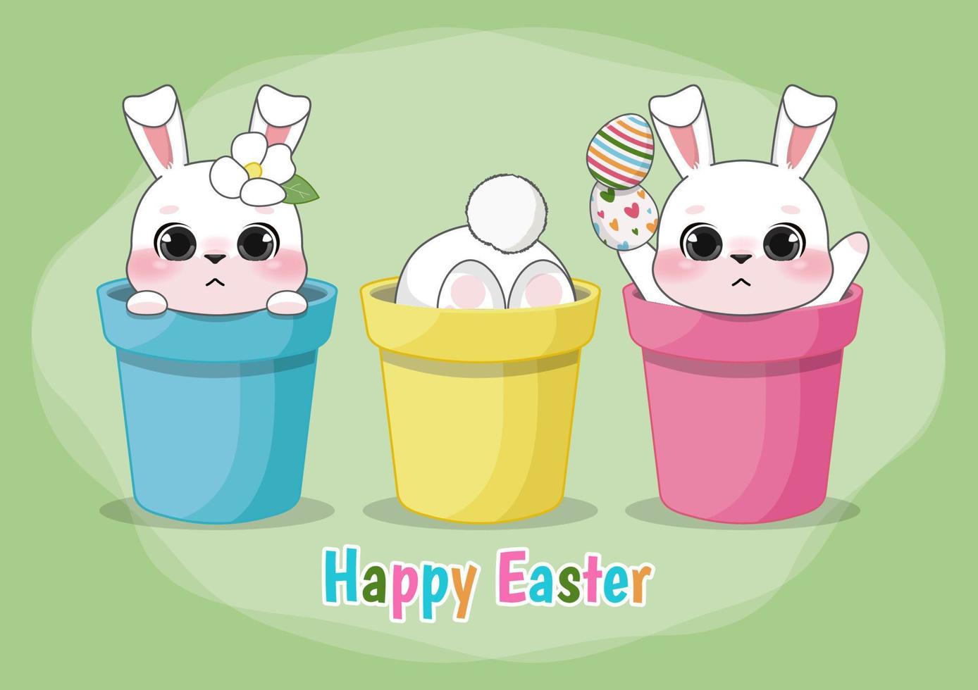 gelukkig Pasen dag met schattig konijnen zittend in voorjaar bloem pot tekenfilm karakters, vector illustratie, vlak ontwerp