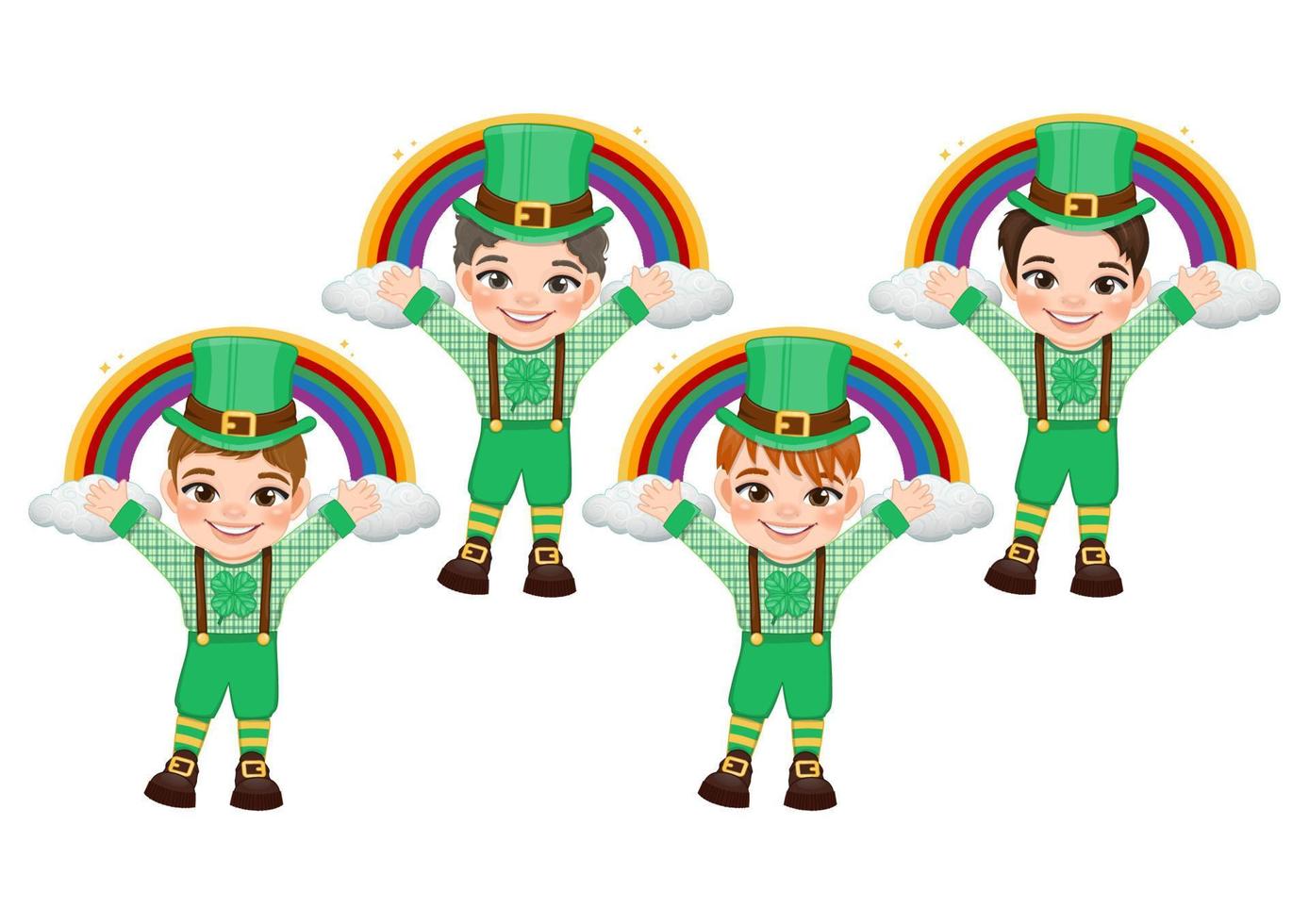 st. Patrick s dag met jongens in Iers kostuums. jongen grappig met regenboog en wolk tekenfilm karakter ontwerp vector