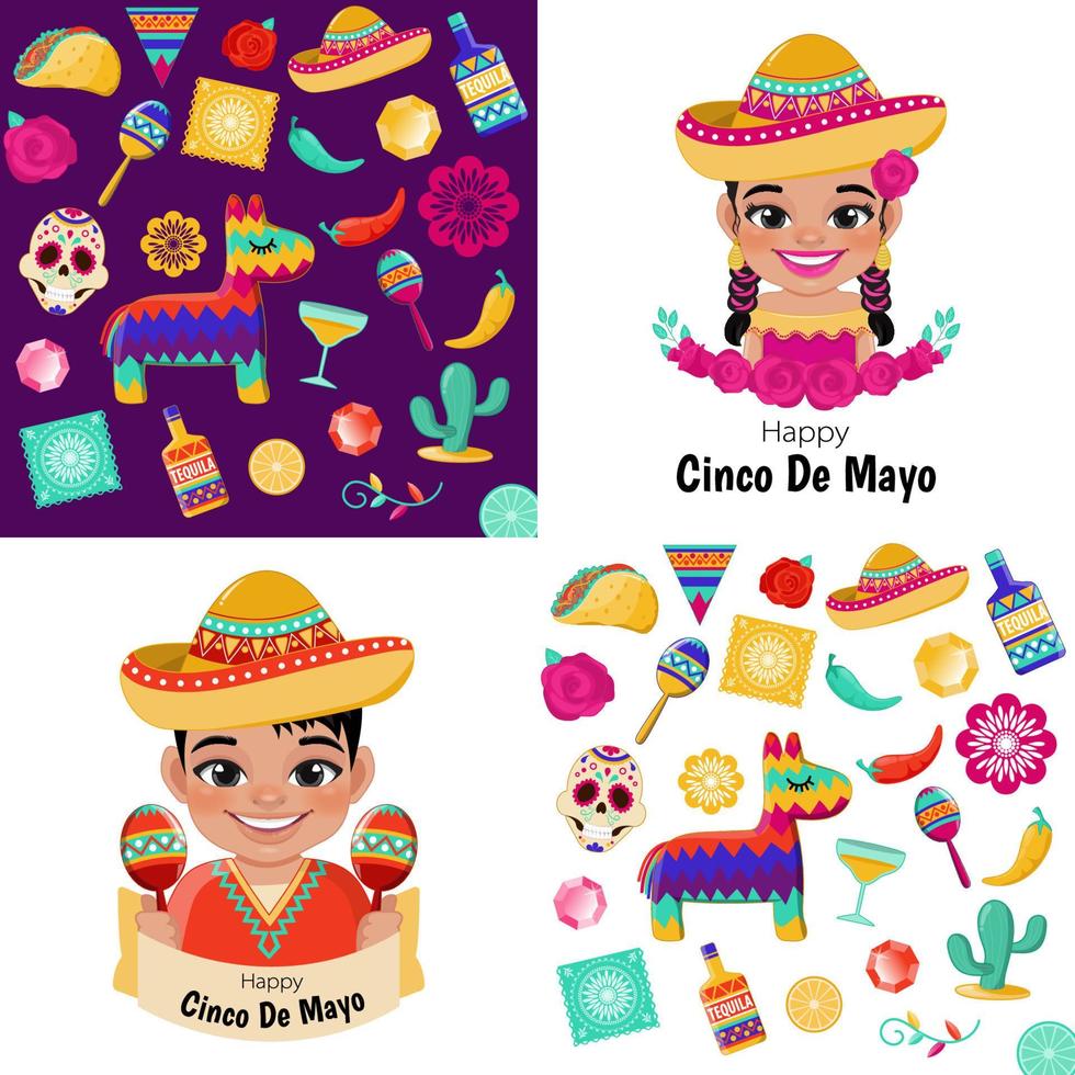 cinco de mayo in mei 5 federaal vakantie in Mexico met jongen meisje in Mexicaans outfits banier en Mexicaans elementen achtergrond vector