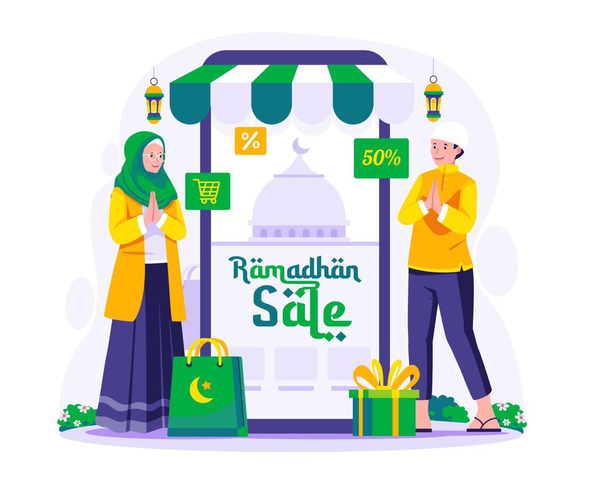 Ramadan uitverkoop en boodschappen doen illustratie. moslim Mens en een vrouw in de buurt een reusachtig smartphone. Ramadan kareem en eid mubarak e-commerce concept vector illustratie