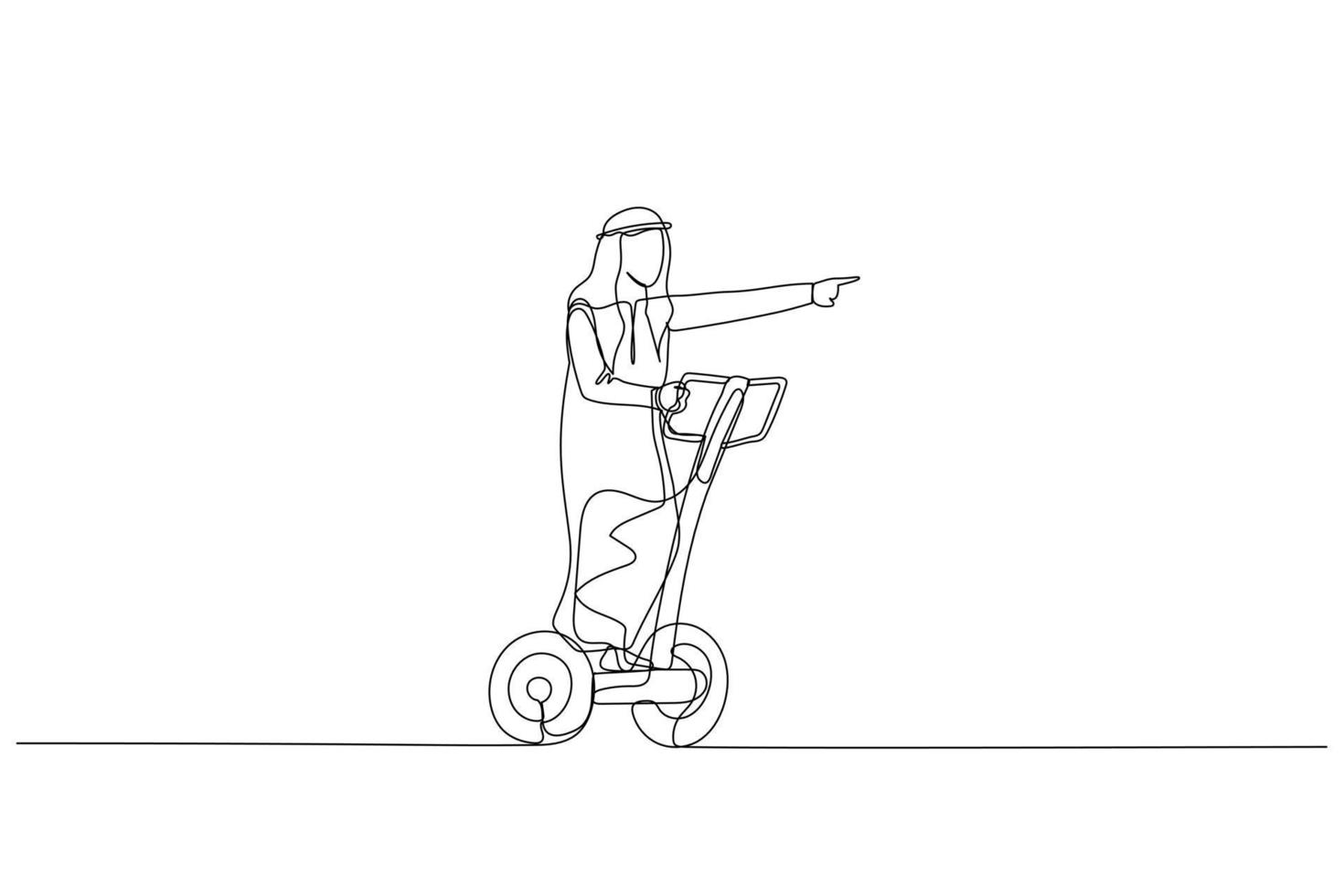 tekenfilm van Arabisch zakenman met kaap rijden Segway. metafoor voor gebruik makend van hulpmiddelen. single doorlopend lijn kunst stijl vector