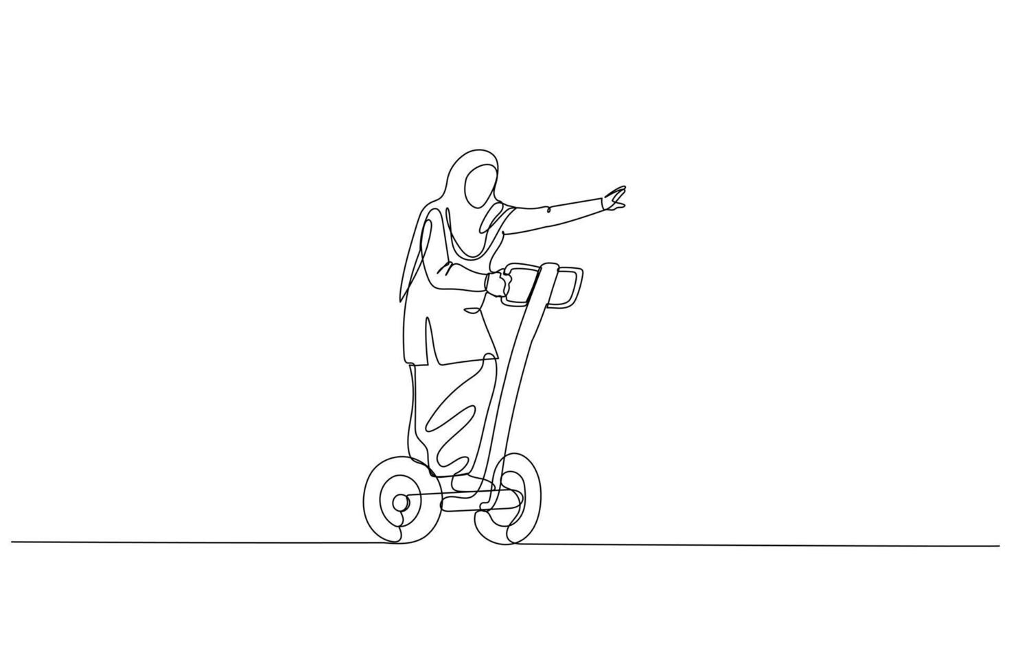 tekening van moslim vrouw met kaap rijden Segway. metafoor voor gebruik makend van hulpmiddelen. single doorlopend lijn kunst stijl vector
