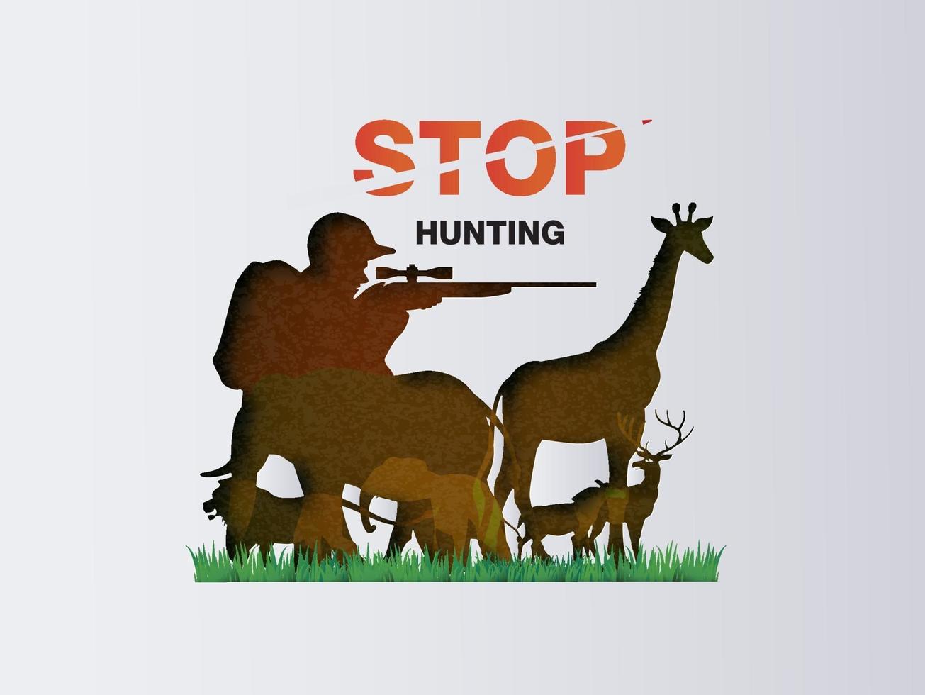 anti-jacht afbeelding met jager in papier gesneden stijl die geweer op dieren richt vector
