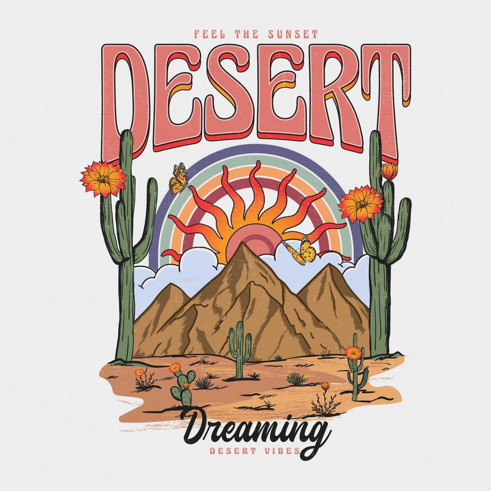 wijnoogst woestijn dromen, voelen de zonsondergang, zonsopkomst de woestijn gevoel in Arizona, grafisch afdrukken ontwerp voor kleding, stickers, affiches, achtergrond en anderen. buitenshuis westers. woestijn dromen vector afdrukken