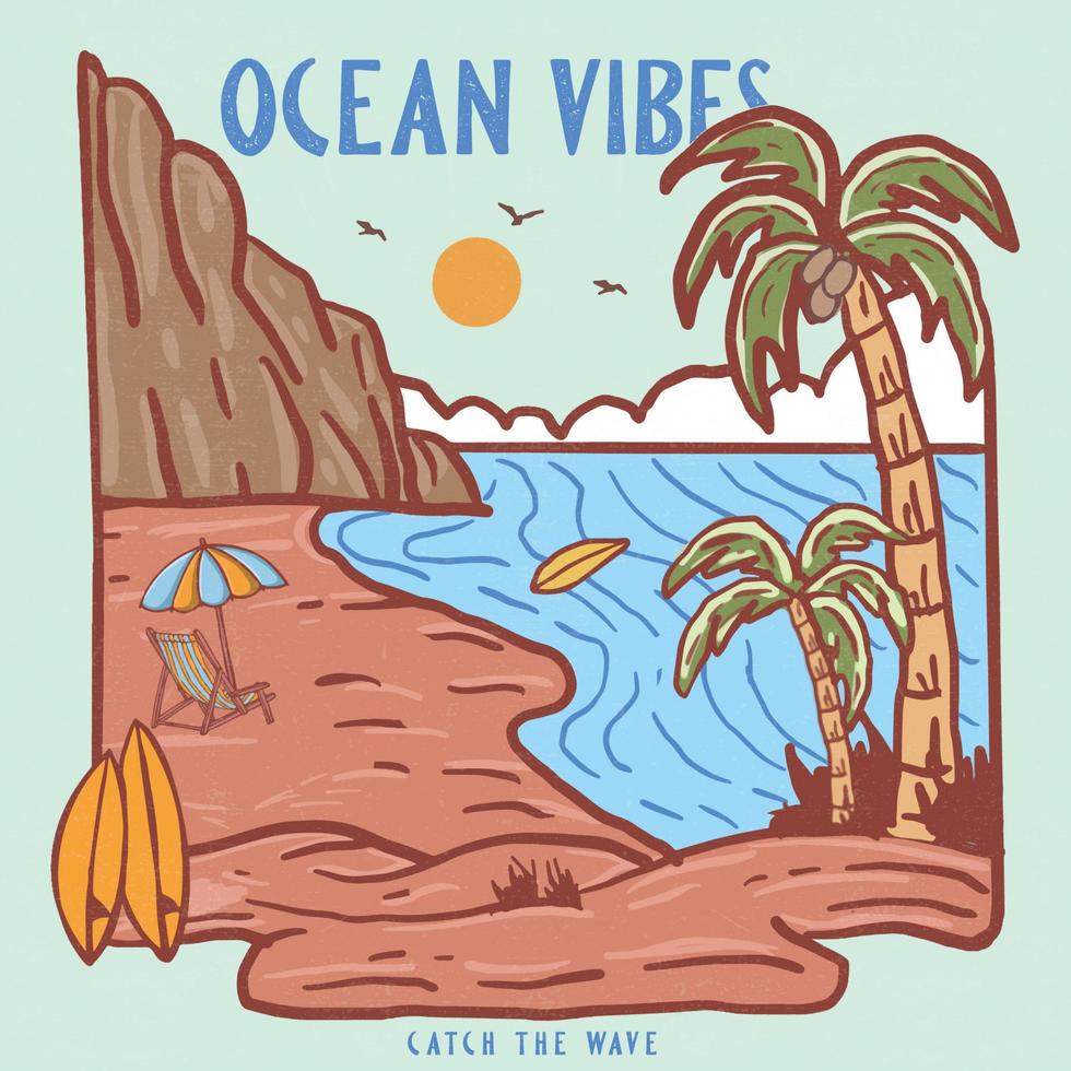 oceaan gevoel zomer tijd voor ontwerp t-shirt, palm boom met berg kleurrijk kunstwerk. paradijs vector afdrukken. strand gevoel t-shirt kunstwerk.