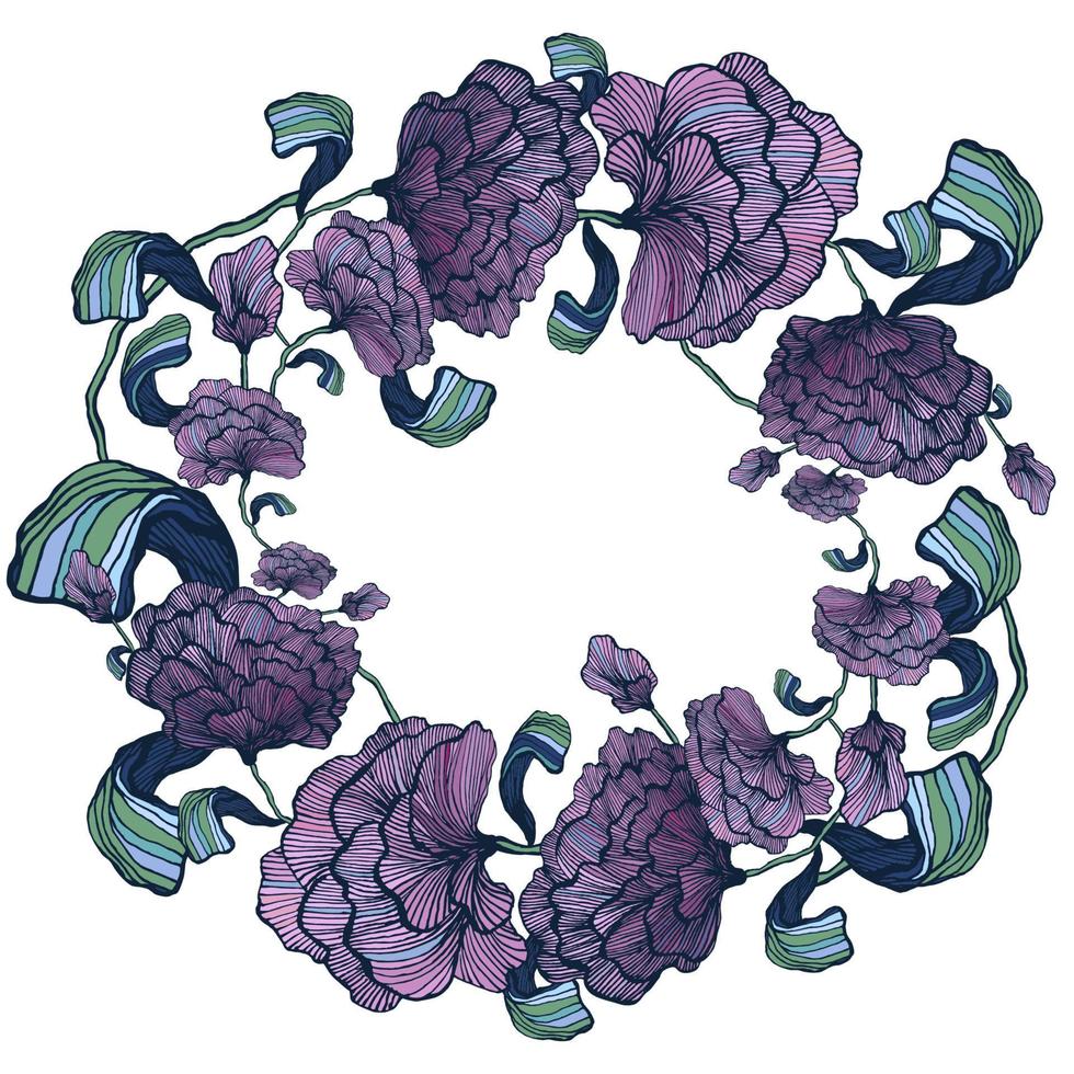 ronde kader met paars bloemen. pioenrozen, rozen lauwerkrans, kaart. vector