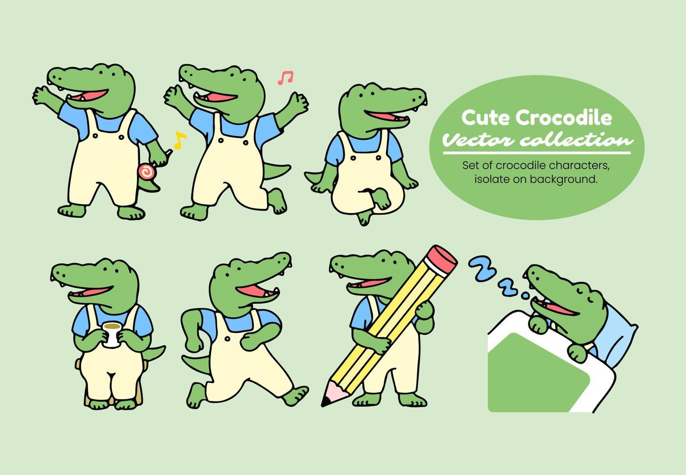 reeks van schattig krokodil tekenfilm karakter, terug naar school- concept. geïsoleerd Aan wit achtergrond, vector illustratie.