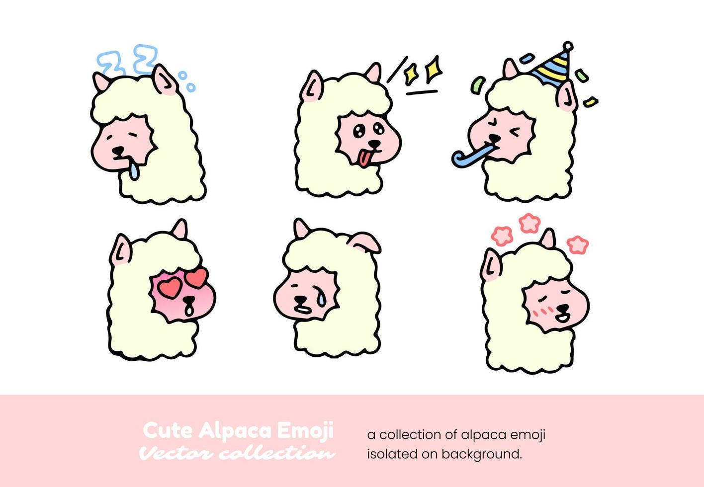 een reeks van schattig alpaca emoji's tonen slaap, pleiten, feesten, en huilen, geïsoleerd Aan een achtergrond vector illustratie.