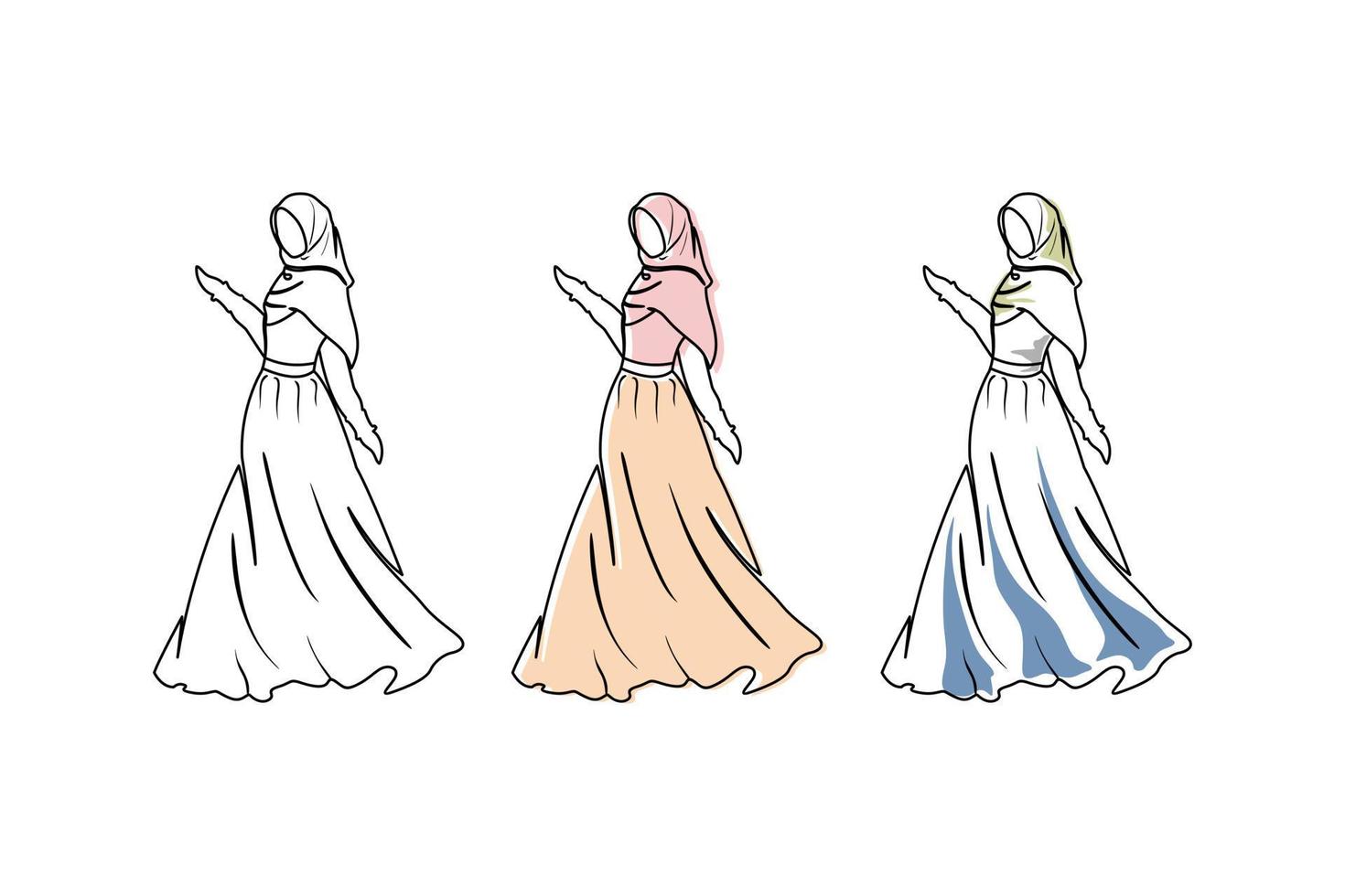 ontwerp mannequin vrouw jurk mode muslimah jurk met hijaab, hand- getrokken vector schetsen van moslim jurk