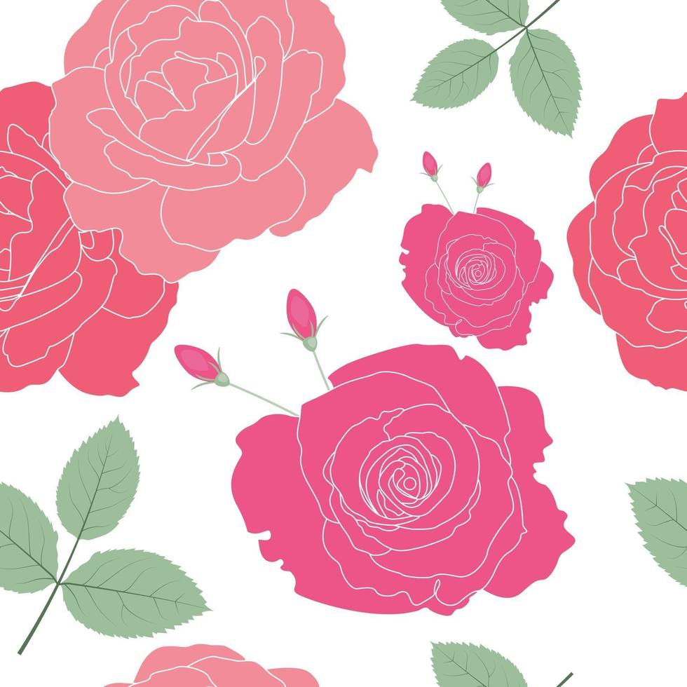 naadloze patroon van rode en roze rozen met bladeren en toppen. vector