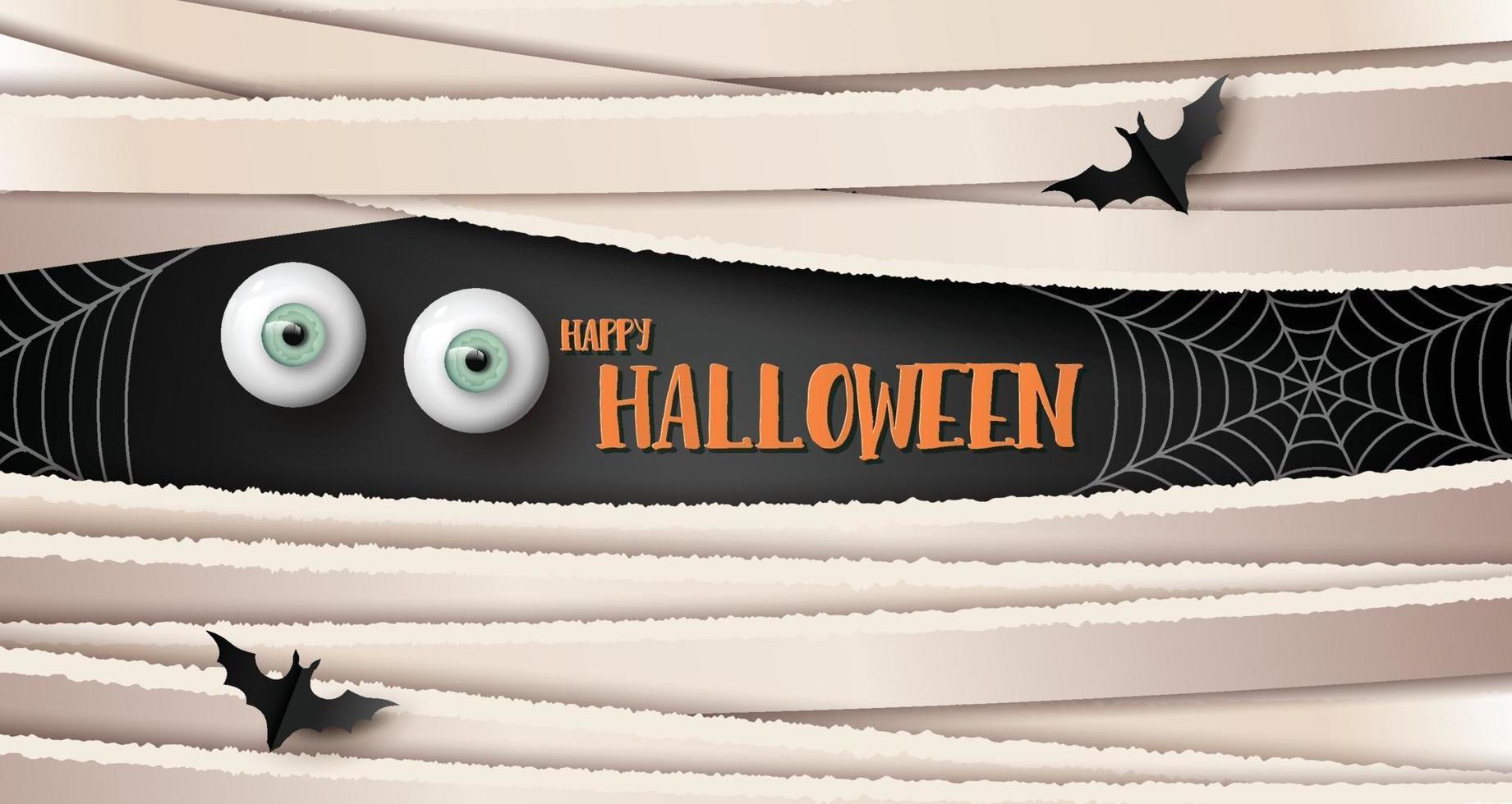 gelukkige halloween-groetbanner met oog en vleermuizen. papier gesneden stijl. vector
