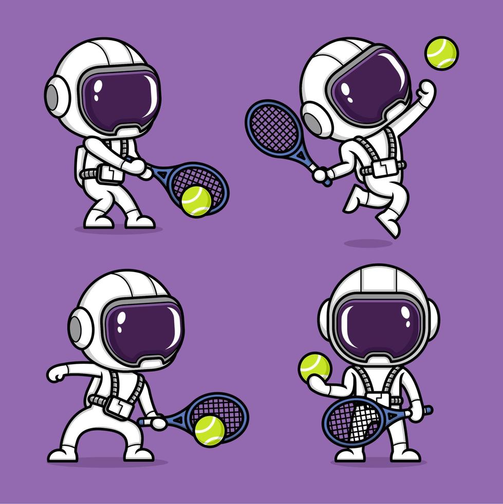 schattig tekenfilm astronaut spelen tennis vector