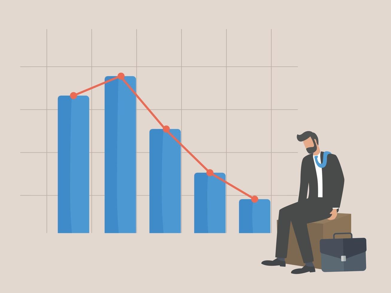 faillissement, zakenman zittend lusteloos vanwege afnemende grafische grafiek vector