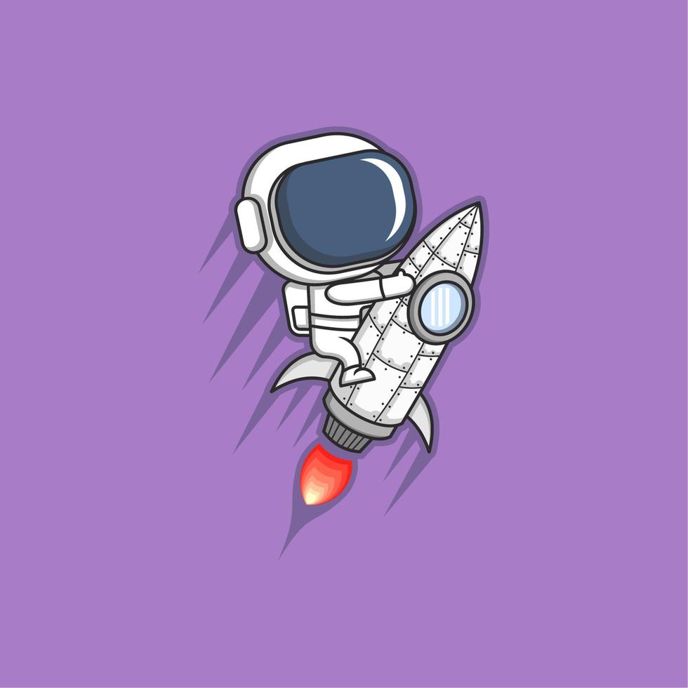 schattig tekenfilm astronaut met raket vector