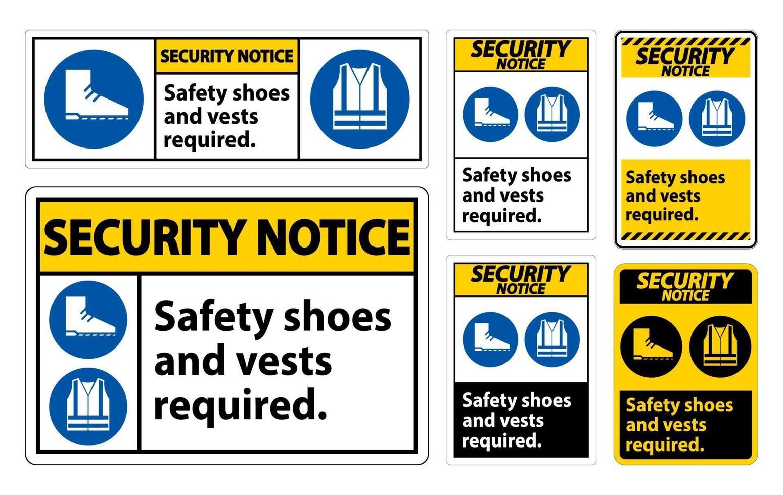 veiligheidsmededeling teken veiligheidsschoenen en vest vereist met pbm symbolen teken set vector