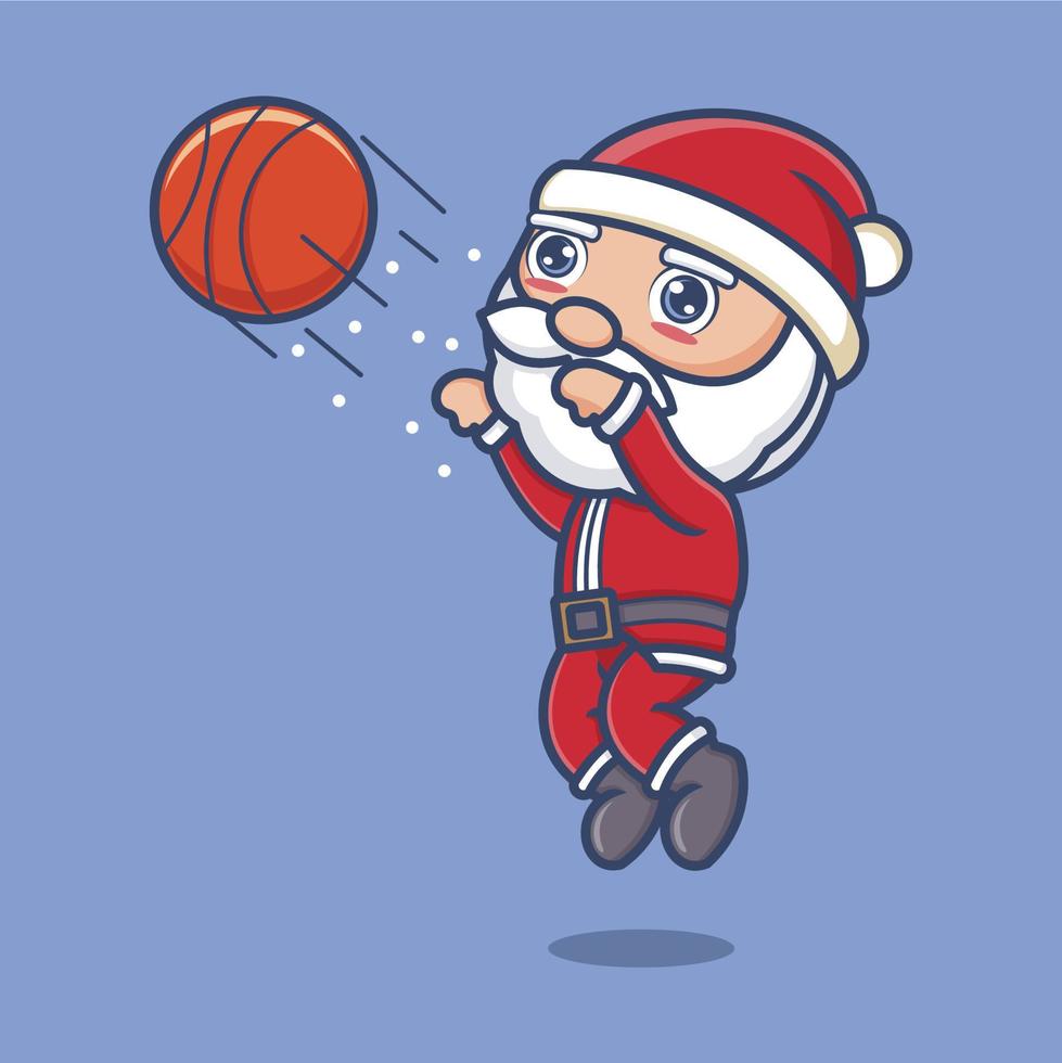 schattig tekenfilm de kerstman claus spelen basketbal vector