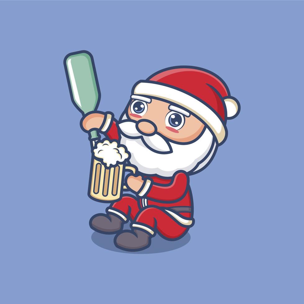 schattig tekenfilm de kerstman claus drinken bier vector