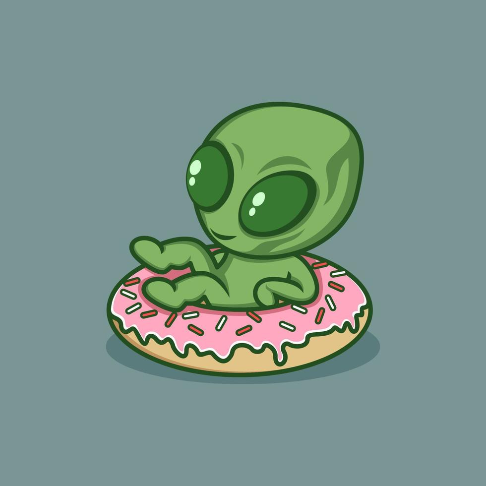 schattig tekenfilm buitenaards wezen met donut vector