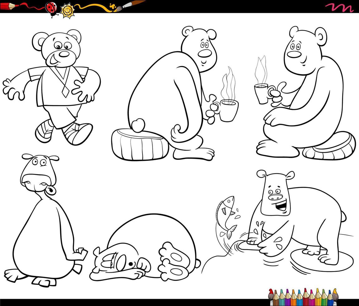grappig tekenfilm bears dier tekens reeks kleur bladzijde vector