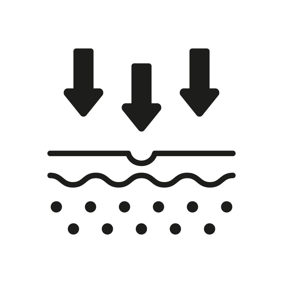 huid voeding concept. pijl naar beneden naar huid laag icoon. penetratie van uv straal naar huid glyph pictogram. huid absorptie silhouet icoon. geïsoleerd vector illustratie.