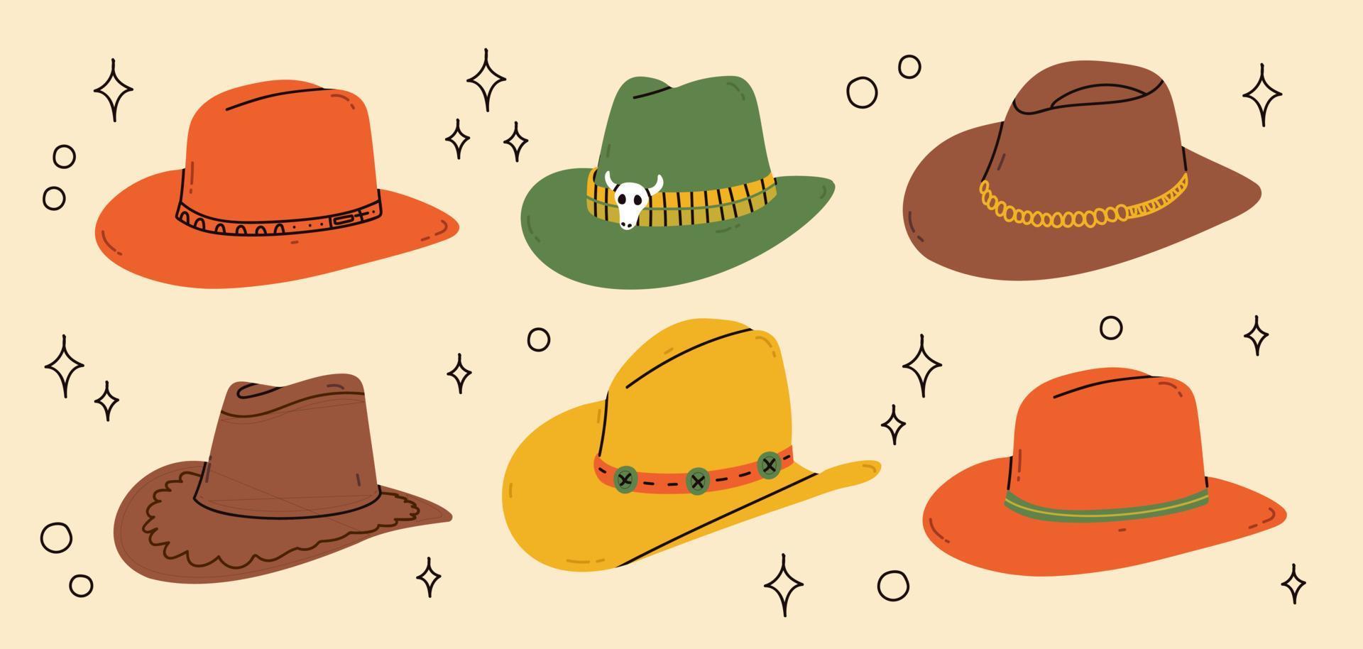 cowboy western thema wild west concept.hand getrokken kleurrijk vector set. elementen zijn geïsoleerde.verschillende boerderij hoeden. hand- getrokken gekleurde vlak vector illustratie.