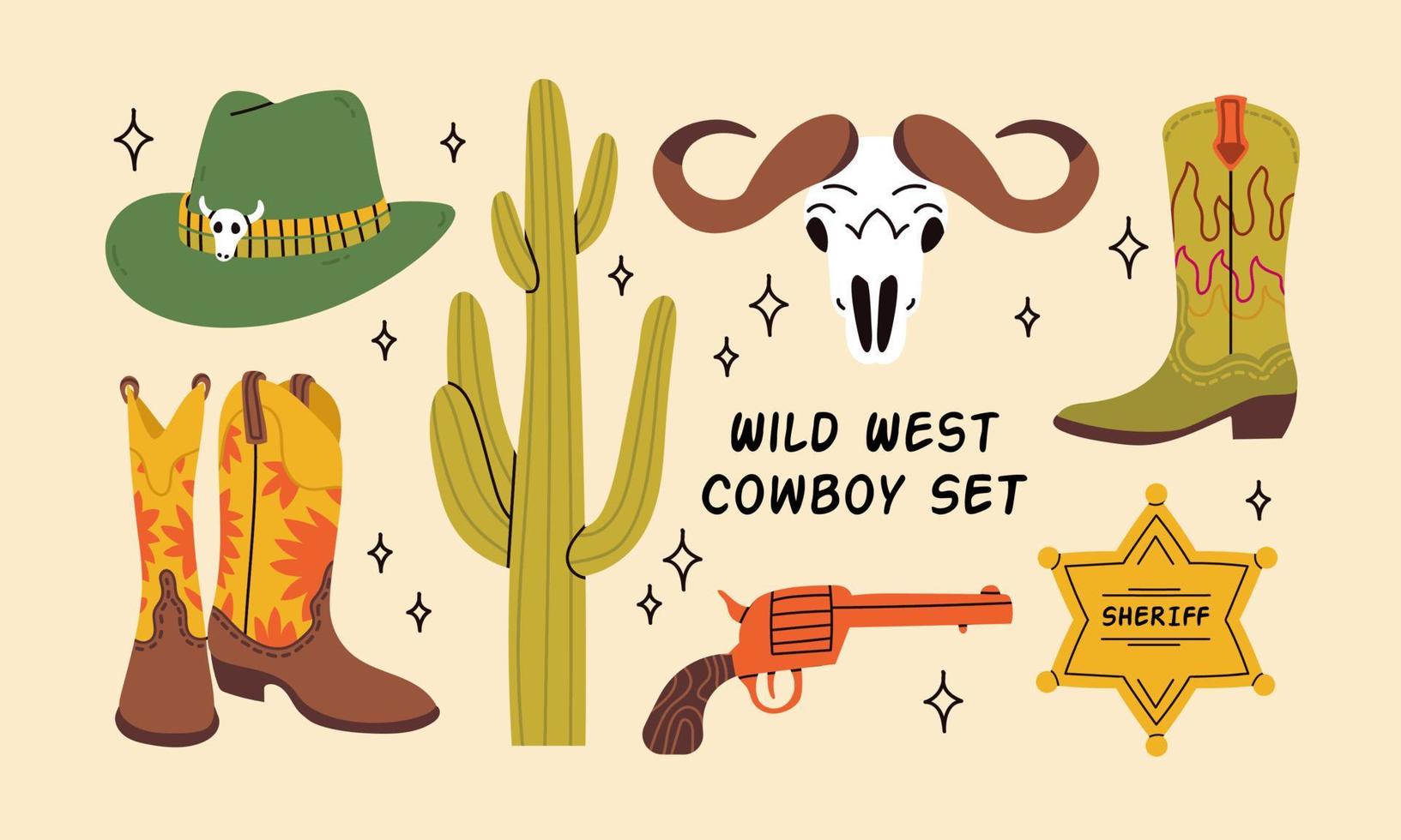 cowboy western thema, wild west concept. divers voorwerpen. laarzen, cactus, schedel, geweer, cowboy hoed, hoefijzer, sheriff insigne ster. hand- getrokken kleurrijk vector set. elementen zijn geïsoleerd