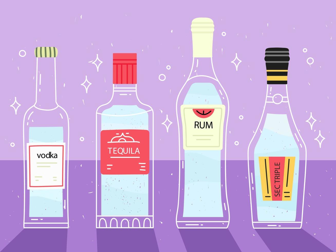 alcohol drankjes verzameling. flessen Aan de tafel. wodka whisky brandewijn gin rum. vector illustratie in vlak stijl.bar menu vlak vector reeks