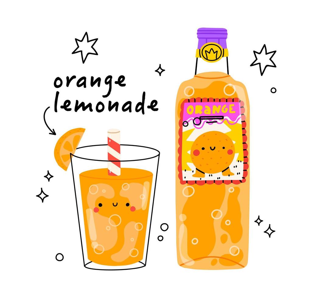 schattig oranje limonade bootle en glas. geïsoleerd. vector tekenfilm karakter hand- getrokken stijl illustratie. kawaii glimlachen limonade.hand getrokken schattig vector voor web, ontwerp, afdrukken