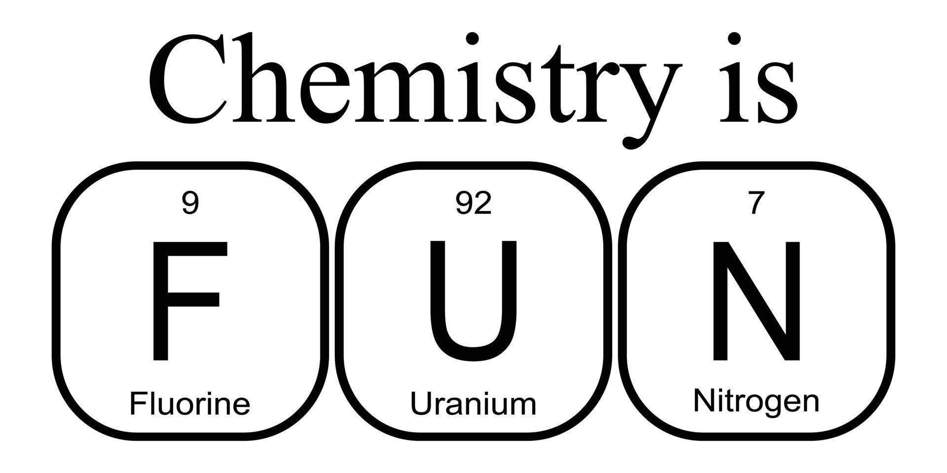 chemie is plezier. fluor, uranium en stikstof. grappig uitdrukking met de periodiek tafel van de chemisch elementen vector