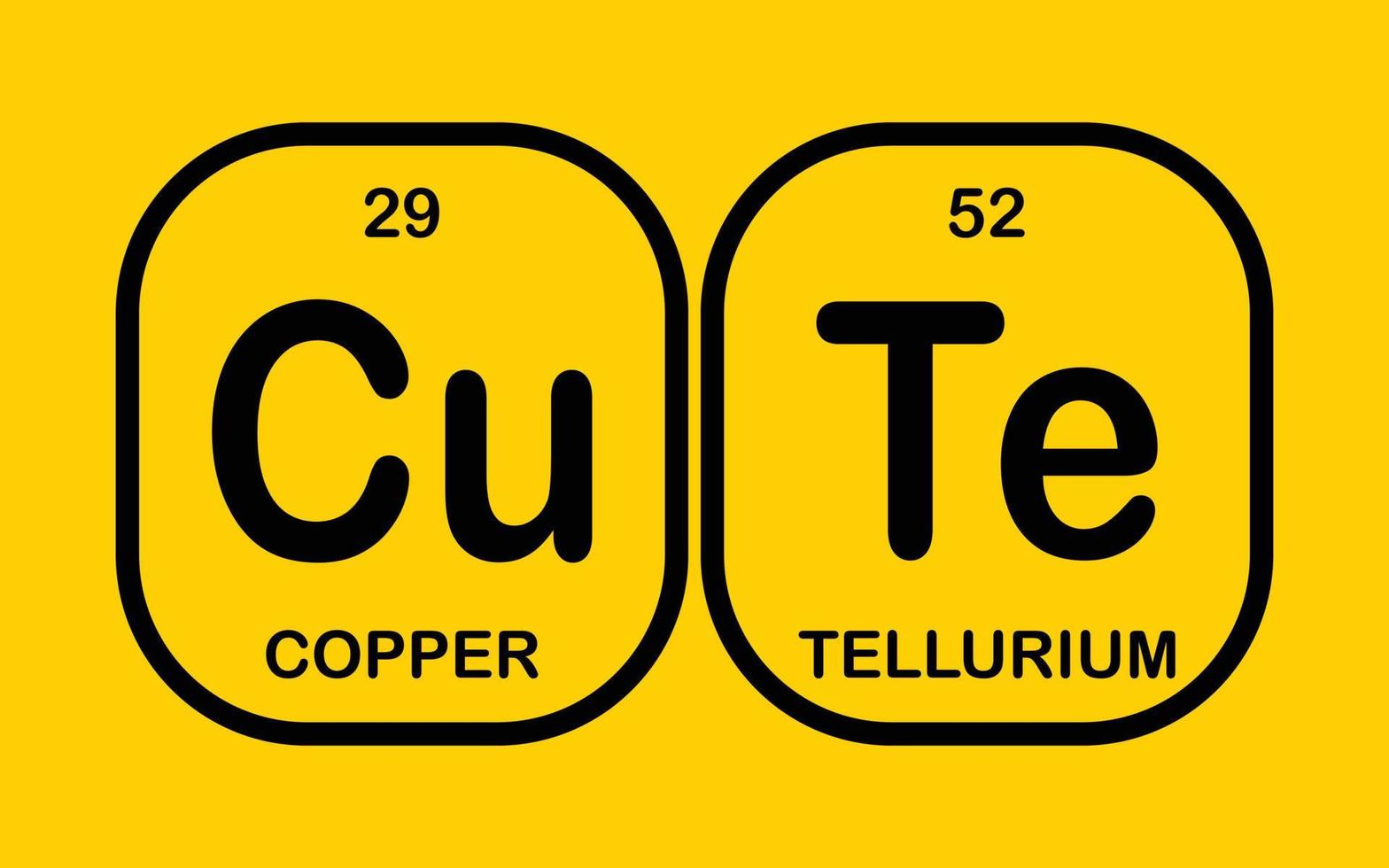 schattig, koper en tellurium. grappig uitdrukking met de periodiek tafel van de chemisch elementen Aan geel achtergrond vector