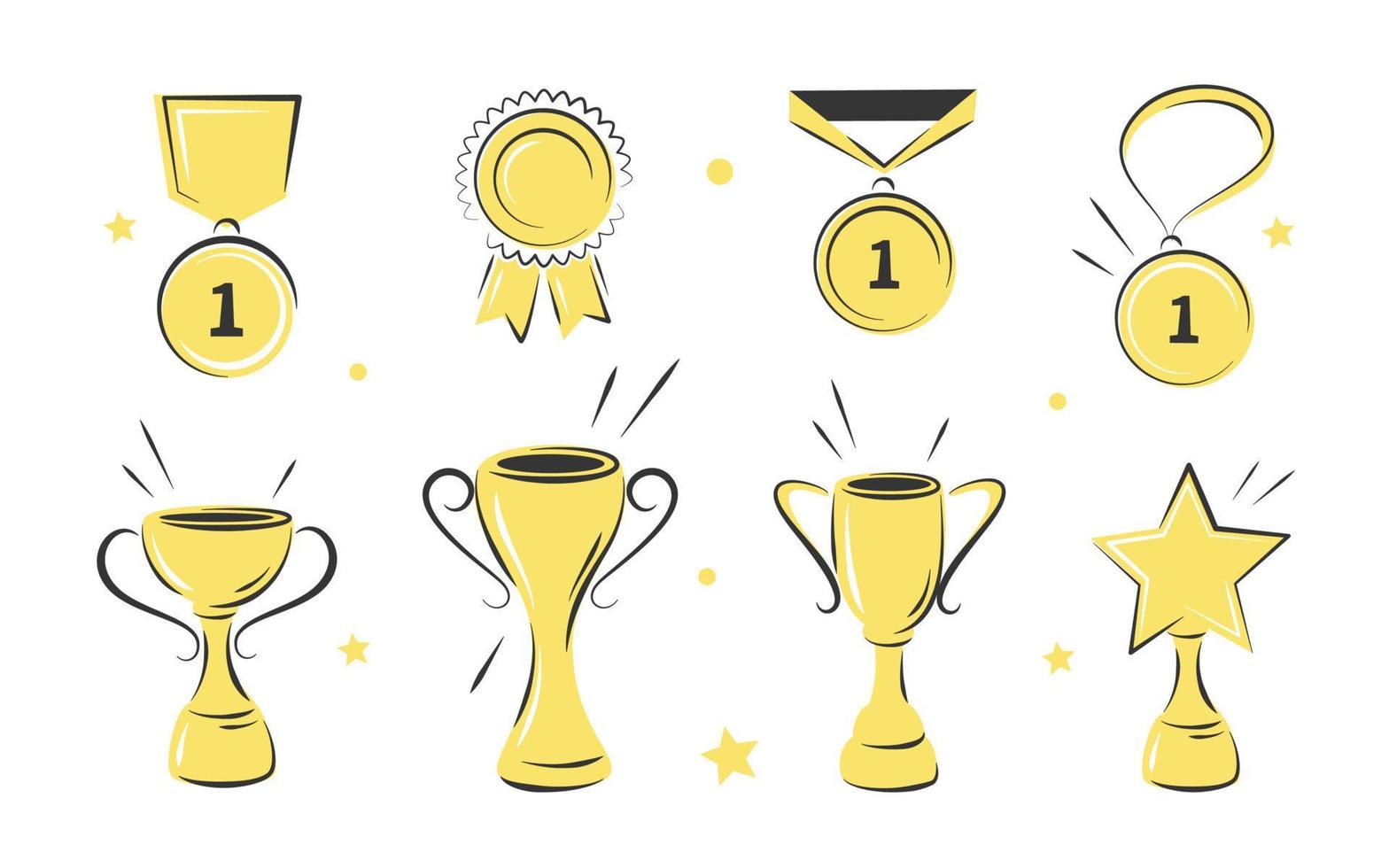 trofee kopjes, onderscheidingen, medailles, podium winnaars en diploma set. hand- getrokken prijs pictogrammen. vector
