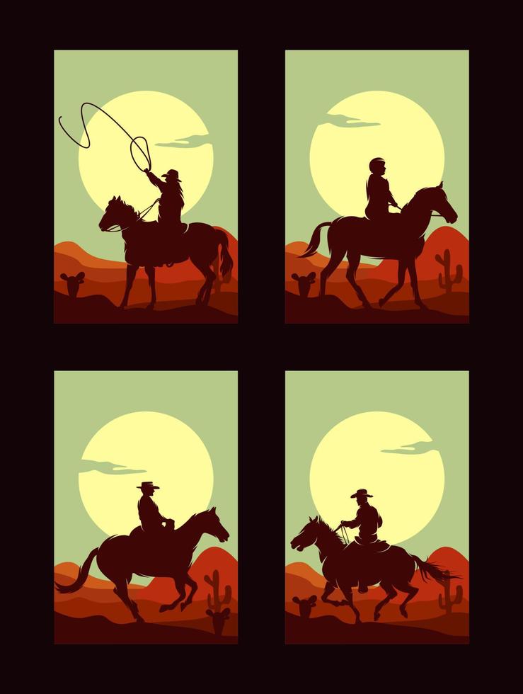 reeks van cowboy rijden paard silhouet Bij zonsondergang logo vector