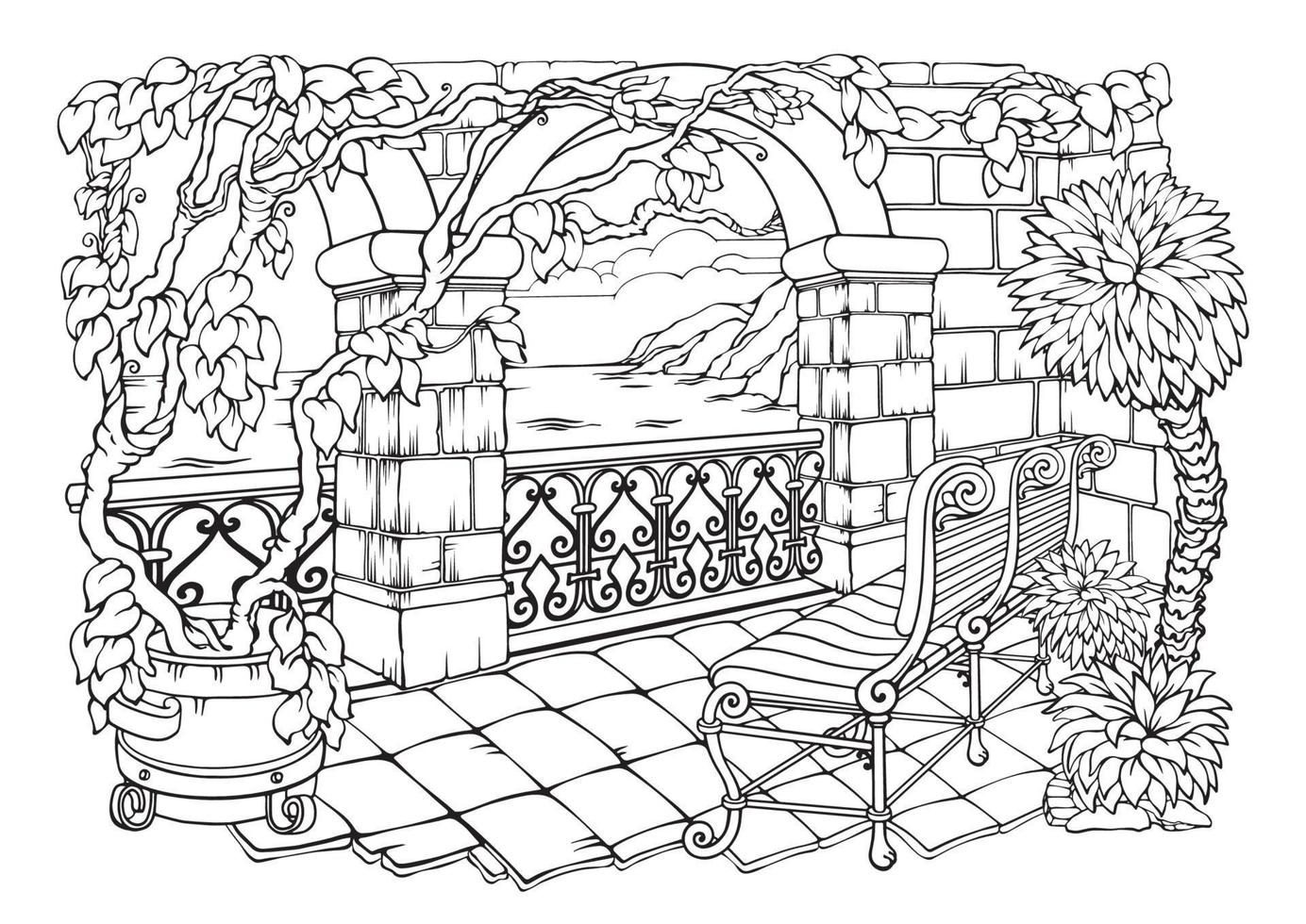 romantisch tuin. kleur Pagina's. bogen, bank, en fabriek. vector illustratie.