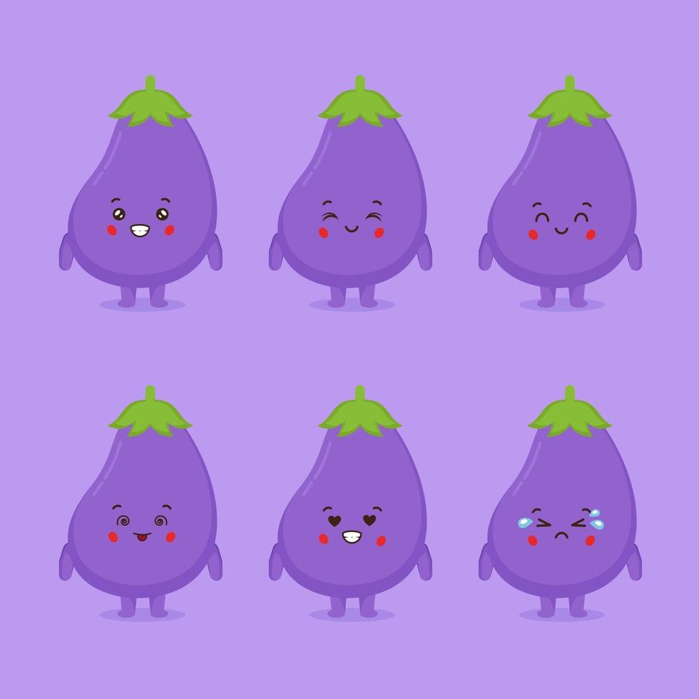 schattige aubergine met verschillende expressiesets vector