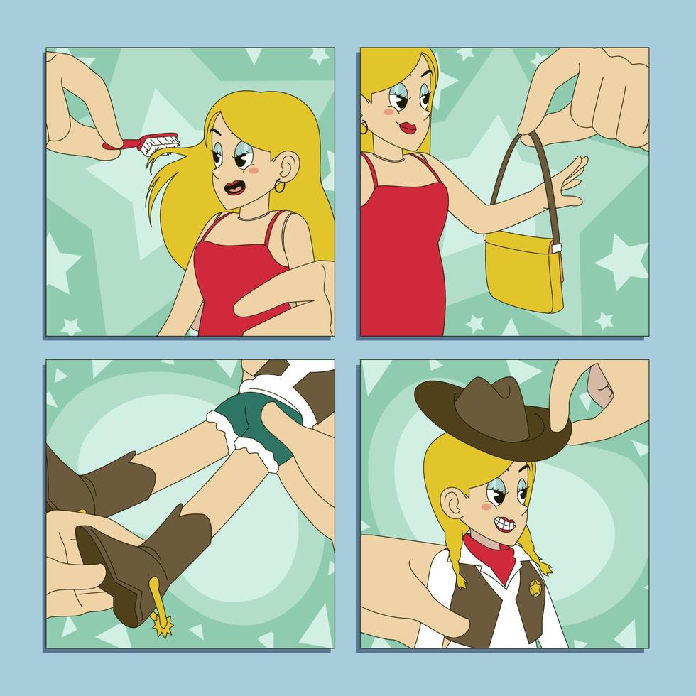 een meisje veranderingen cowboy accessoires Aan haar pop en Toneelstukken met het vector