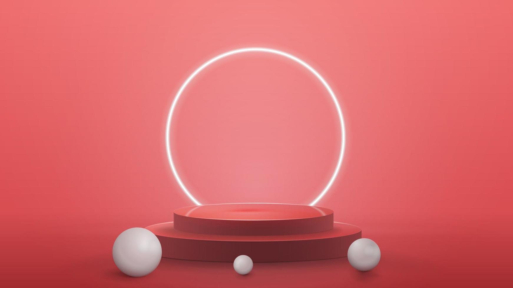 leeg podium met realistische bollen en neonring op achtergrond, realistische vectorillustratie. 3D render illustratie met roze abstracte scène met neon witte ring vector