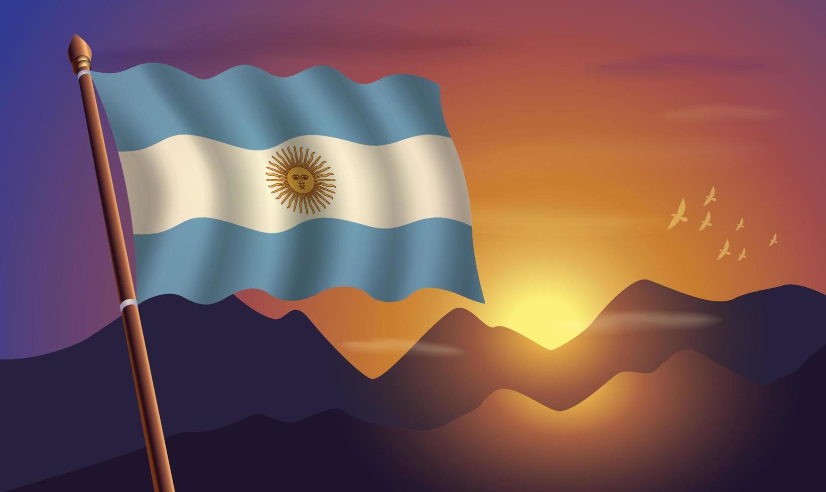 Argentinië vlag met bergen en zonsondergang in de achtergrond vector