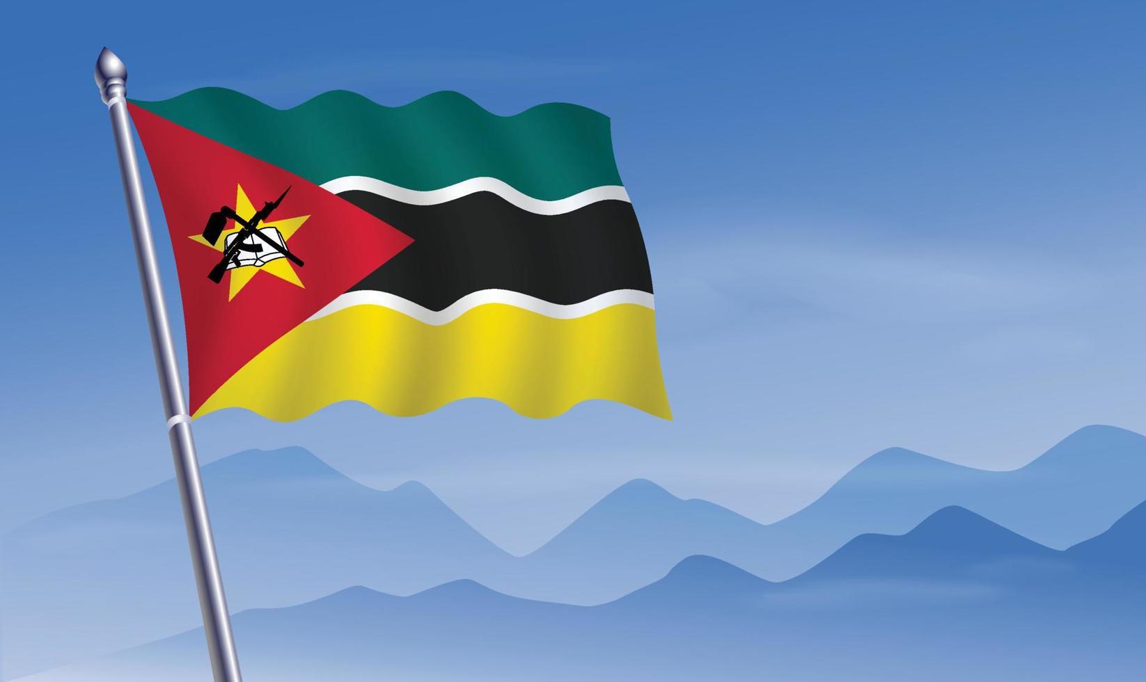 Mozambique vlag met achtergrond van bergen en lucht vector