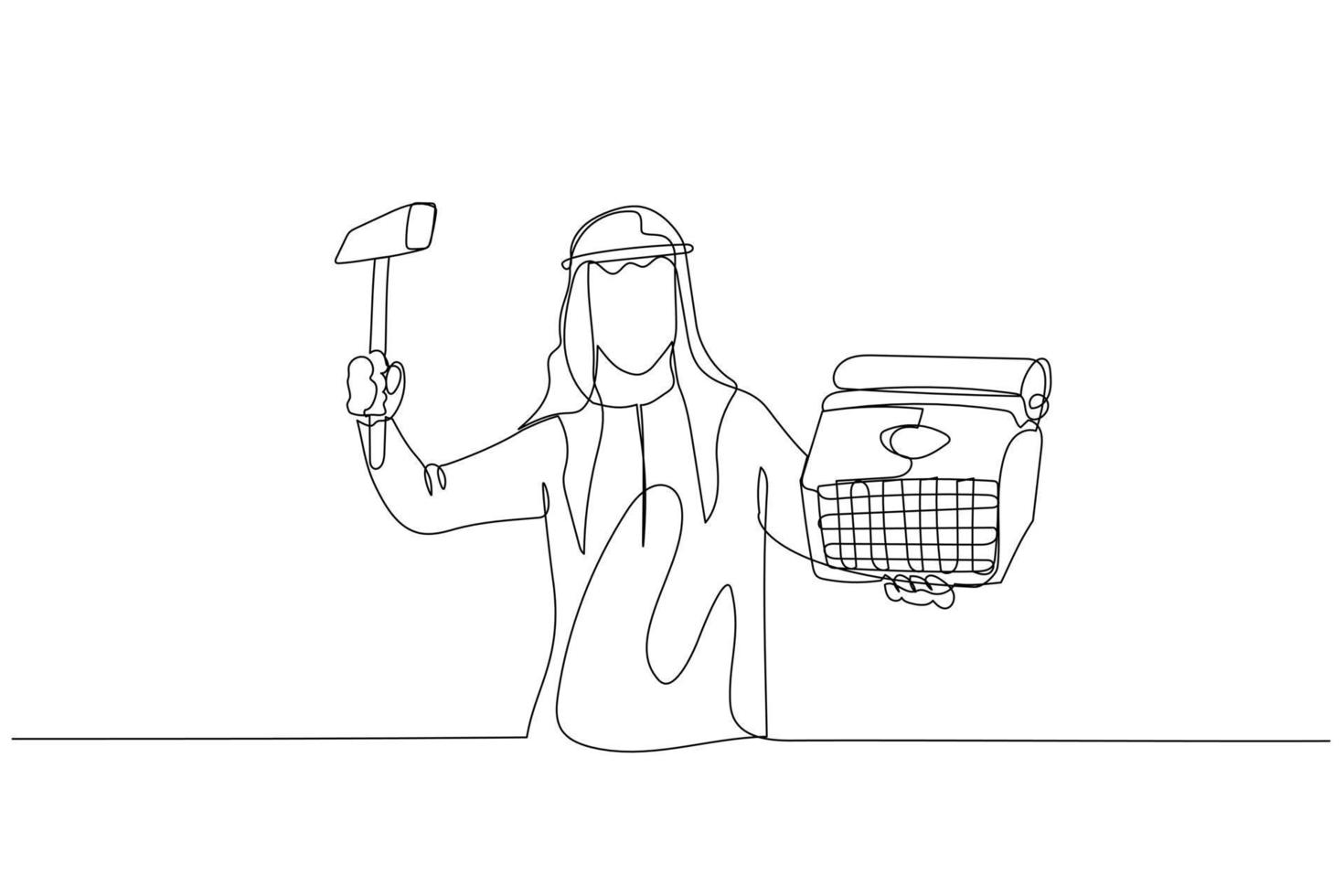 tekening van Arabisch zakenman Holding hamer klaar naar verpletteren schrijfmachine. concept van deadline spanning. single lijn kunst stijl vector