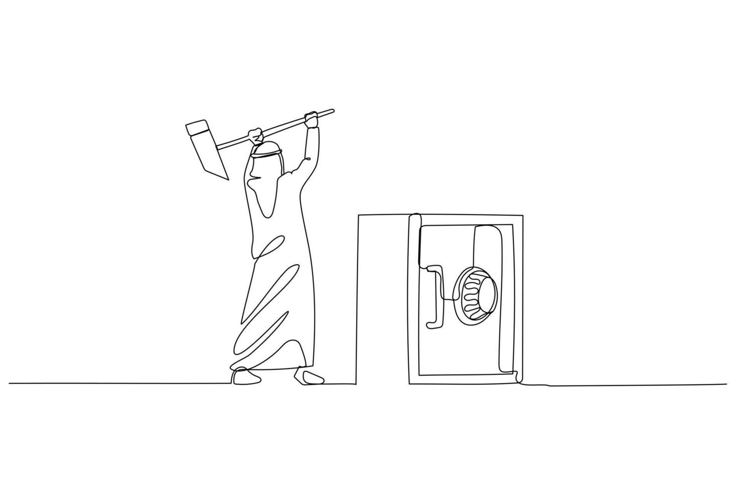 illustratie van Arabisch zakenman proberen naar breken veiligheid storting doos met hamer. concept van misdrijf. een lijn kunst stijl vector