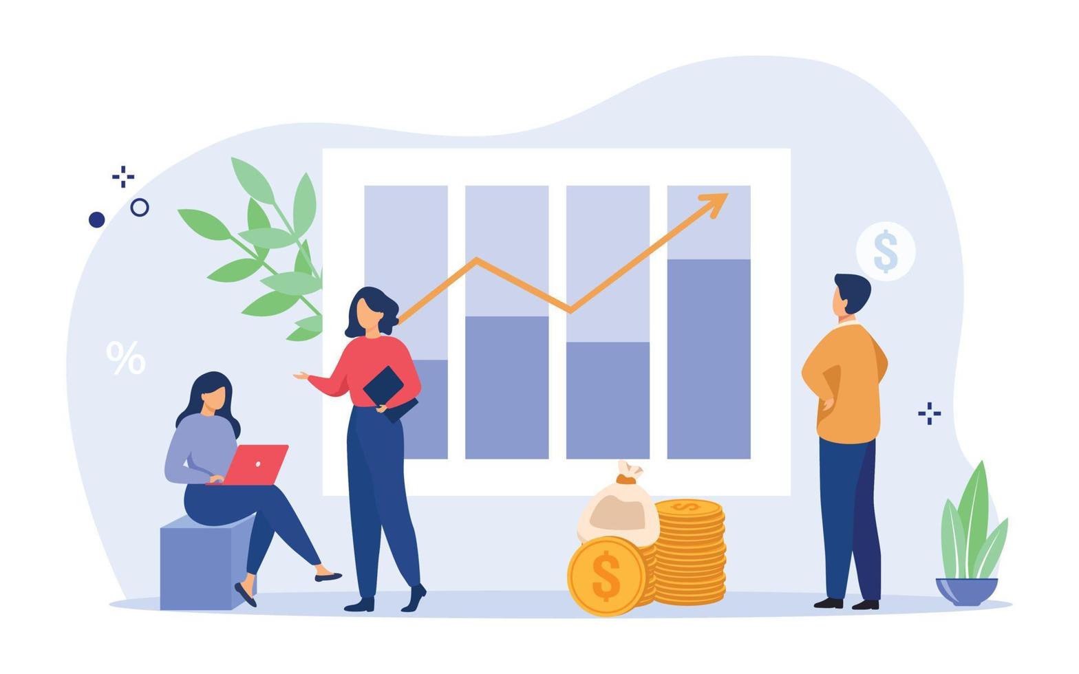 managers presenteren en analyseren verkoop groei grafiek. arbeiders met bar diagrammen met pijl en hoop van geld. bedrijf succes, financiën, marketing, winst concepten. vector illustratie.